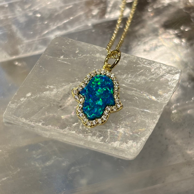 Blue Opal Hamsa Pendant on Gold Vermeil Chain