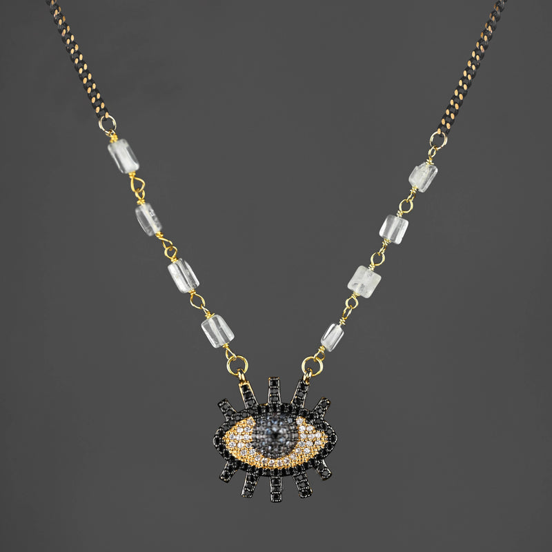 Crystal Encrusted Eye w 8 Aquamarine and Black & Gold Chain : 16 + Extender