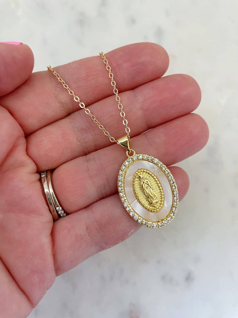 Cream Mary Jewelry, Pendant Necklace, Gold Religious Jewelry: 18"(most popular)