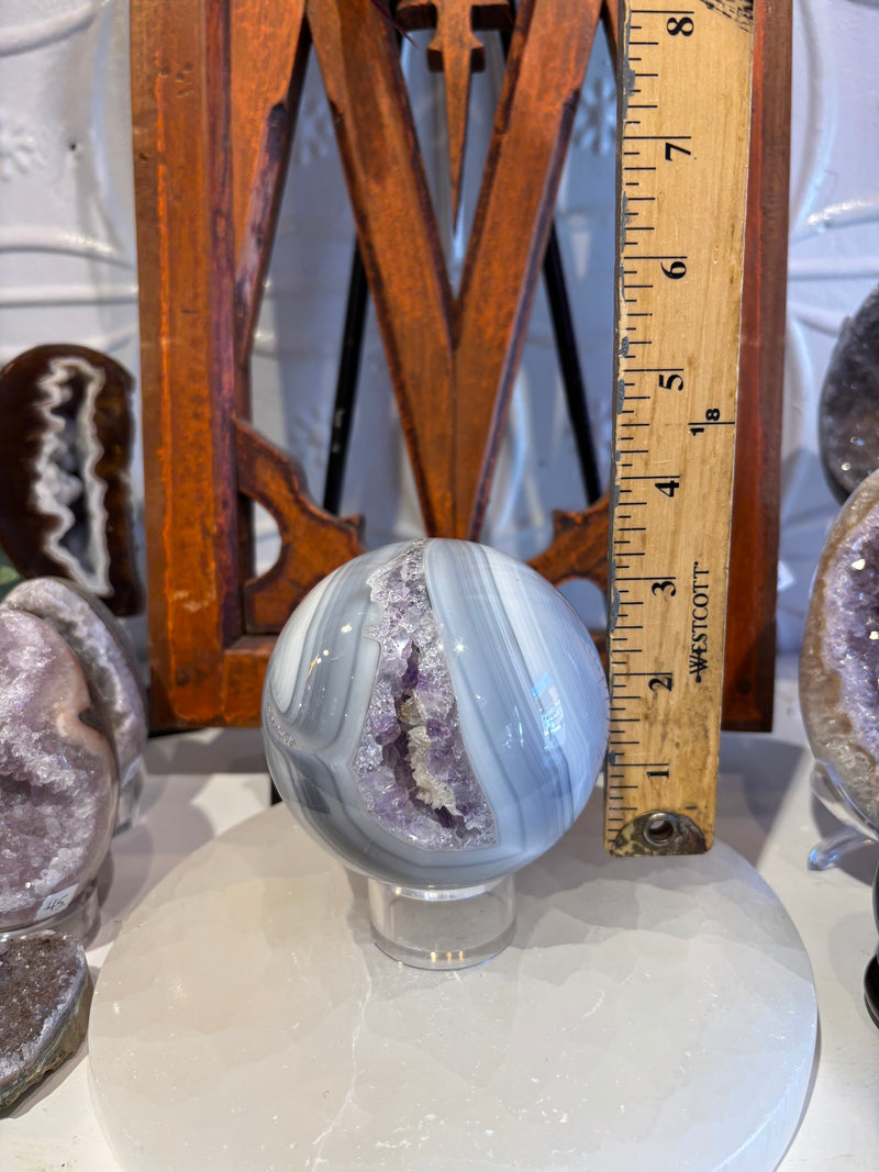 Agate Sphere with Amethyst and Calcite