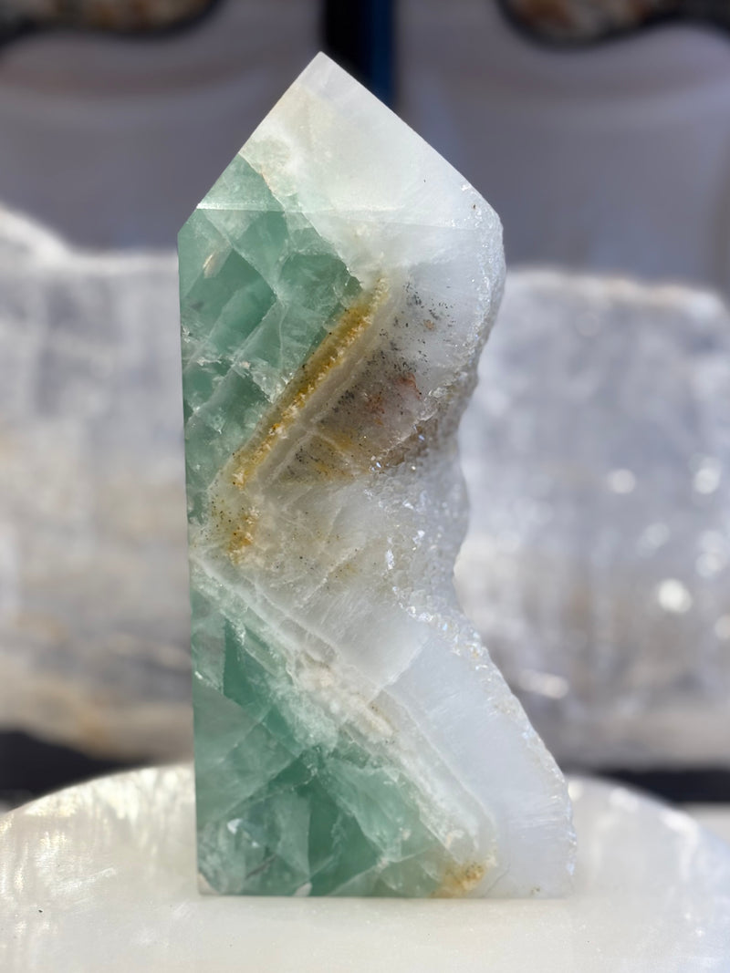 Green Fluorite with Druzy Quartz Tower