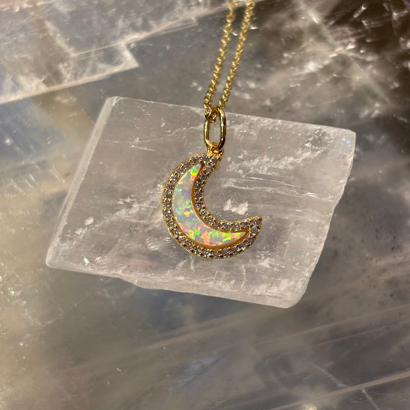 White Opal Moon Pendant on Gold Vermeil Chain