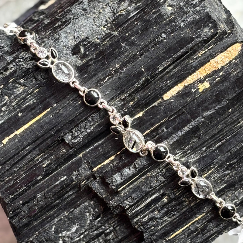 Black Tourmaline and Tourmilated Quartz Sterling Silver Bracelet