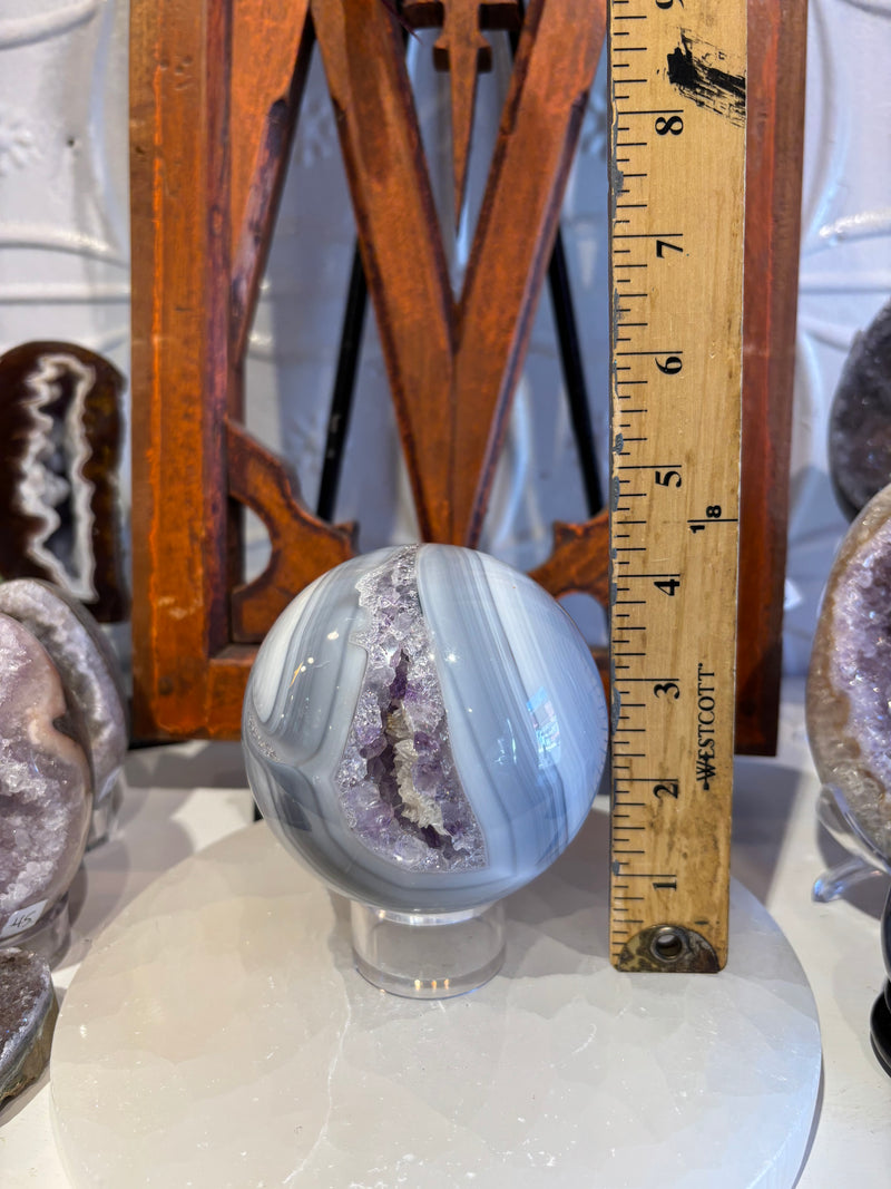 Agate Sphere with Amethyst and Calcite