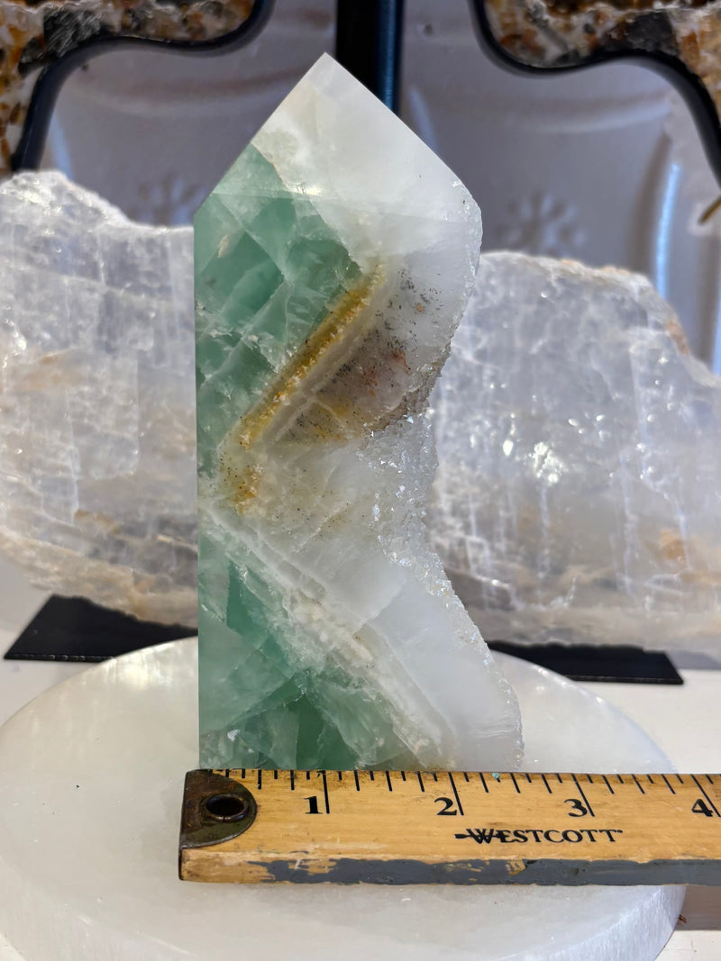 Green Fluorite with Druzy Quartz Tower