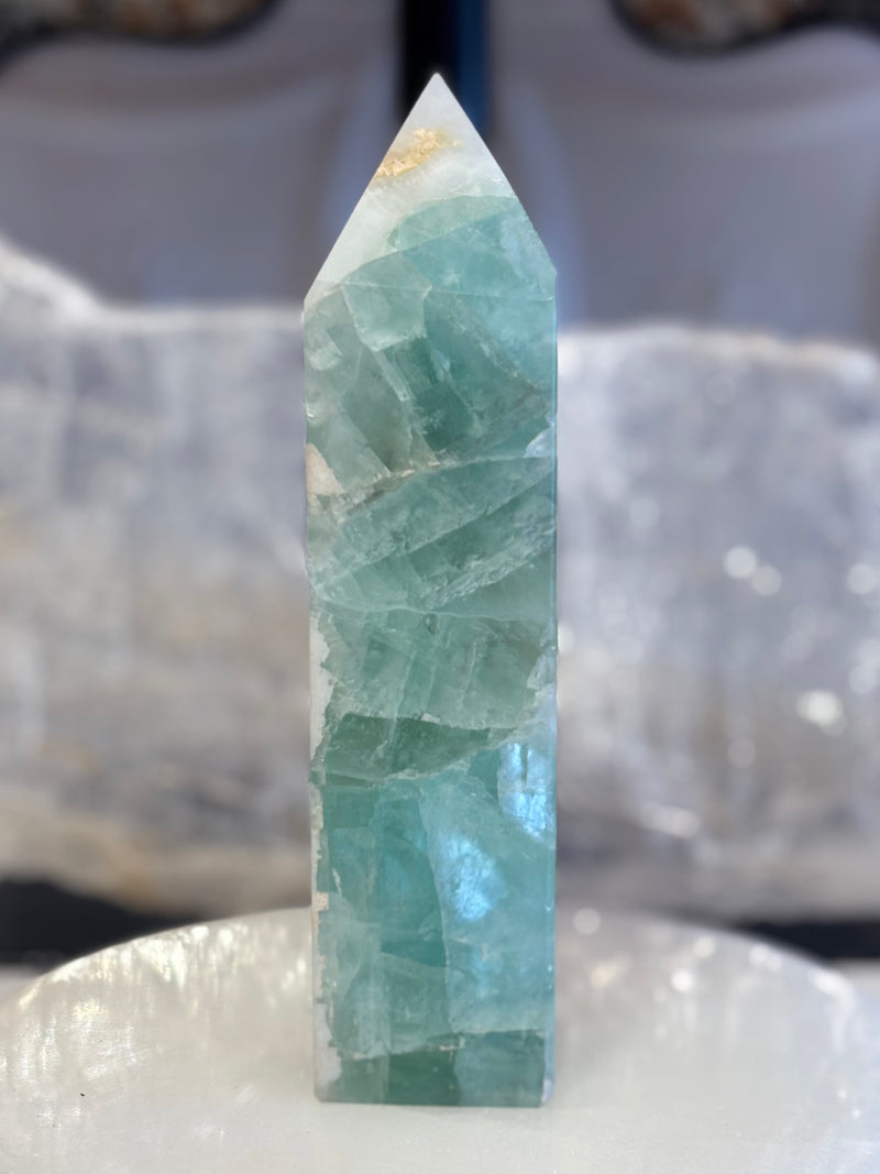 Green Fluorite with Druzy Quartz Tower