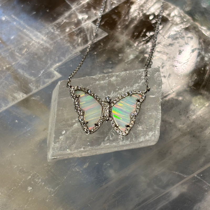 White Opal Butterfly Pendant on Sterling Silver Chain