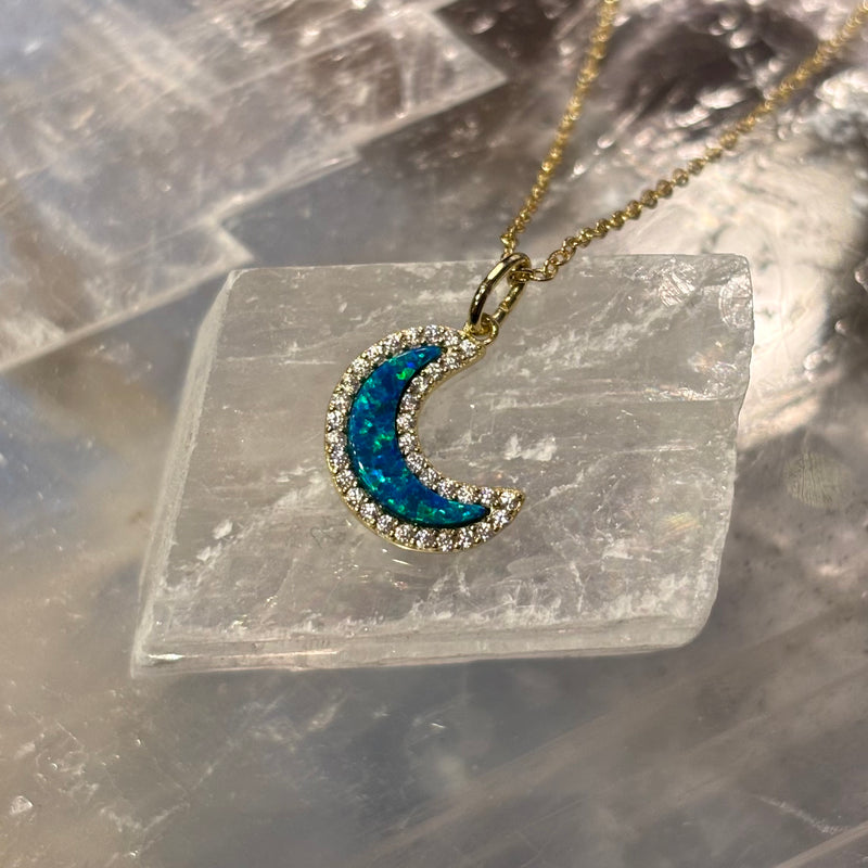Blue Opal Moon Pendant on Gold Vermeil Chain