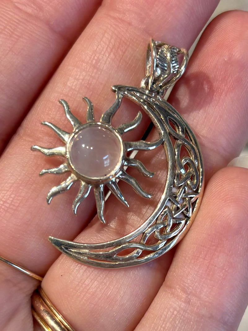 Sterling Silver Sun and Moon Pendant with Rose Quartz