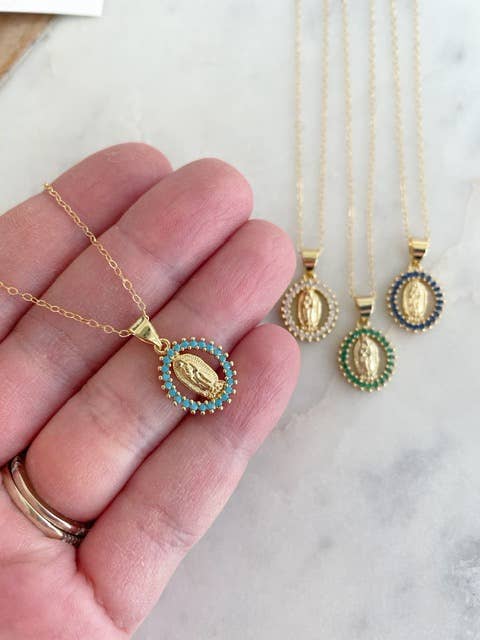 Crystal Virgin Mary Necklace, Religious Jewelry Gift: Hot pink / 18"(most popular)