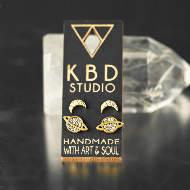 To The Moon & Back Studs with Pave Stones