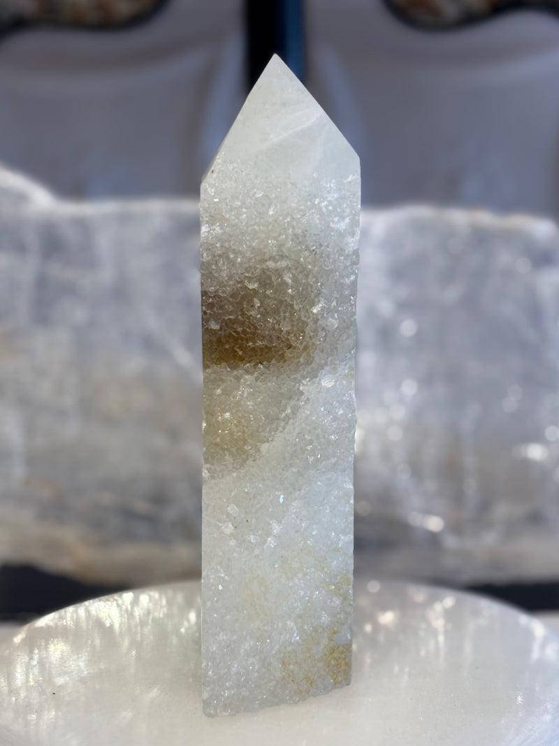 Green Fluorite with Druzy Quartz Tower