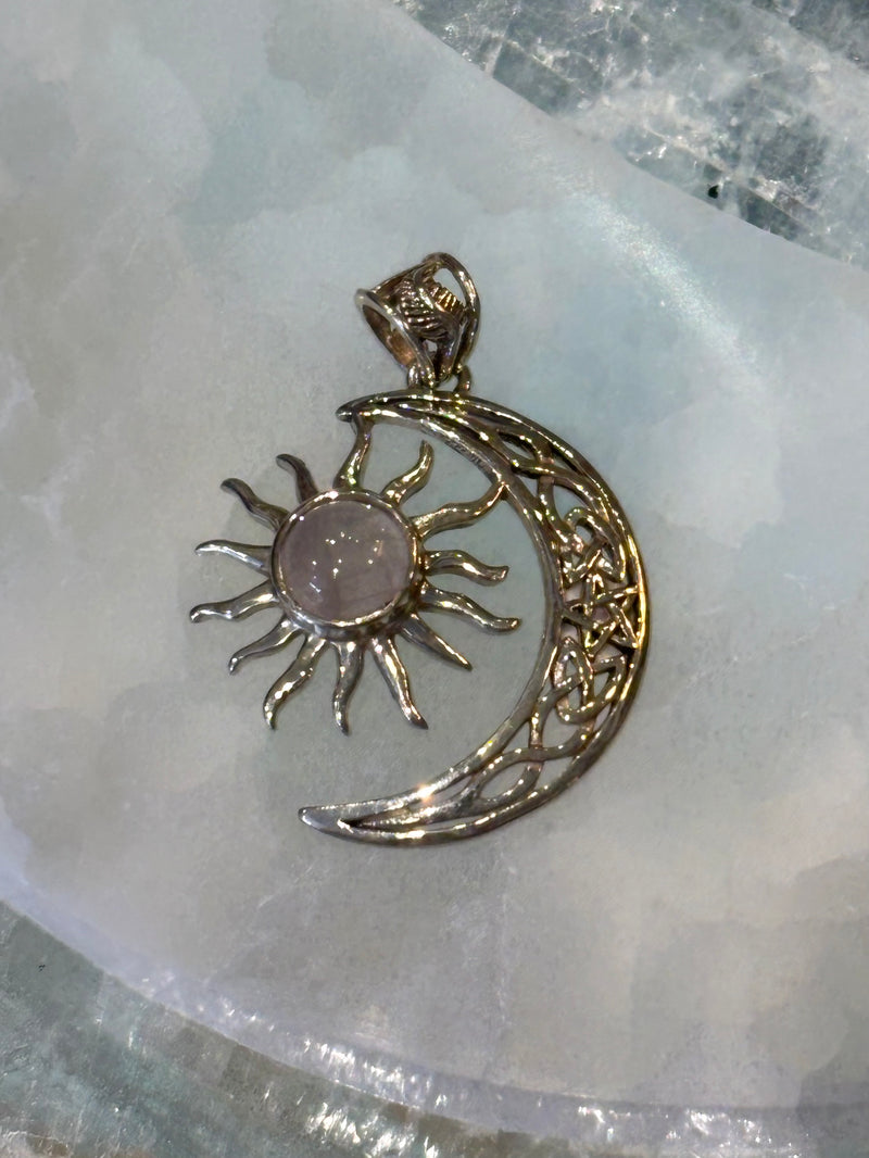 Sterling Silver Sun and Moon Pendant with Rose Quartz