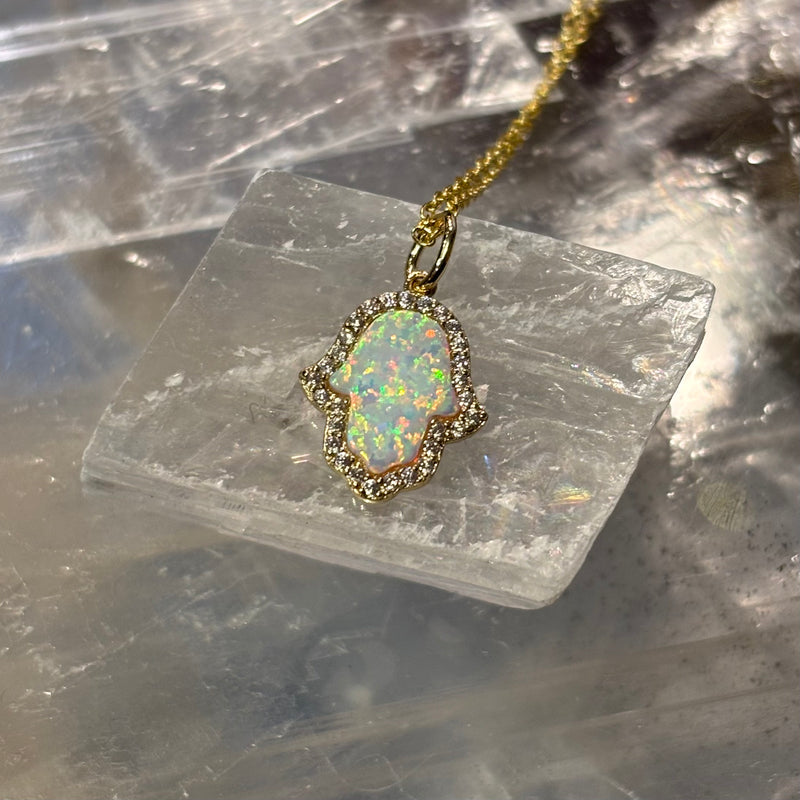 White Opal Hamsa Pendant on Gold Vermeil Chain
