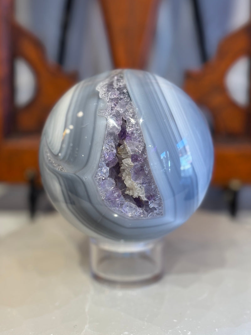 Agate Sphere with Amethyst and Calcite