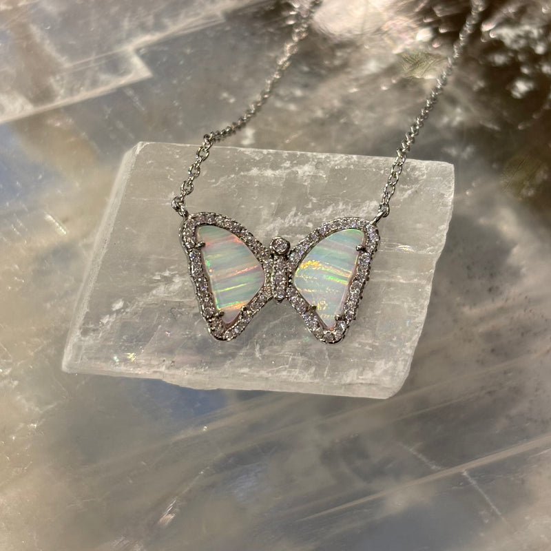 White Opal Butterfly Pendant on Sterling Silver Chain