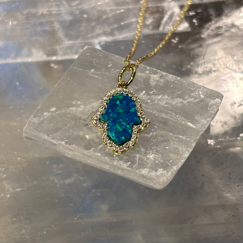 Blue Opal Hamsa Pendant on Gold Vermeil Chain
