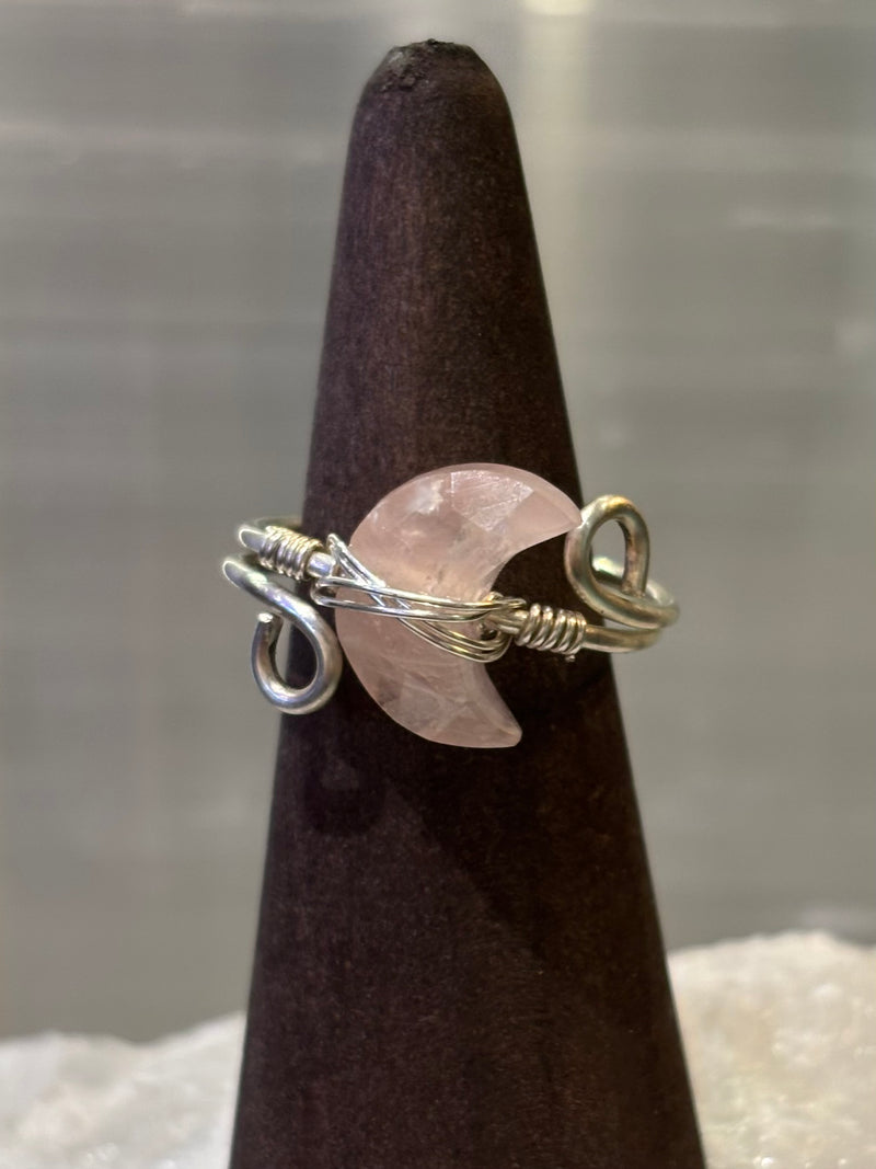Handmade Wirewrap Rose Quartz Crescent Moon Sterling Ring Size 8