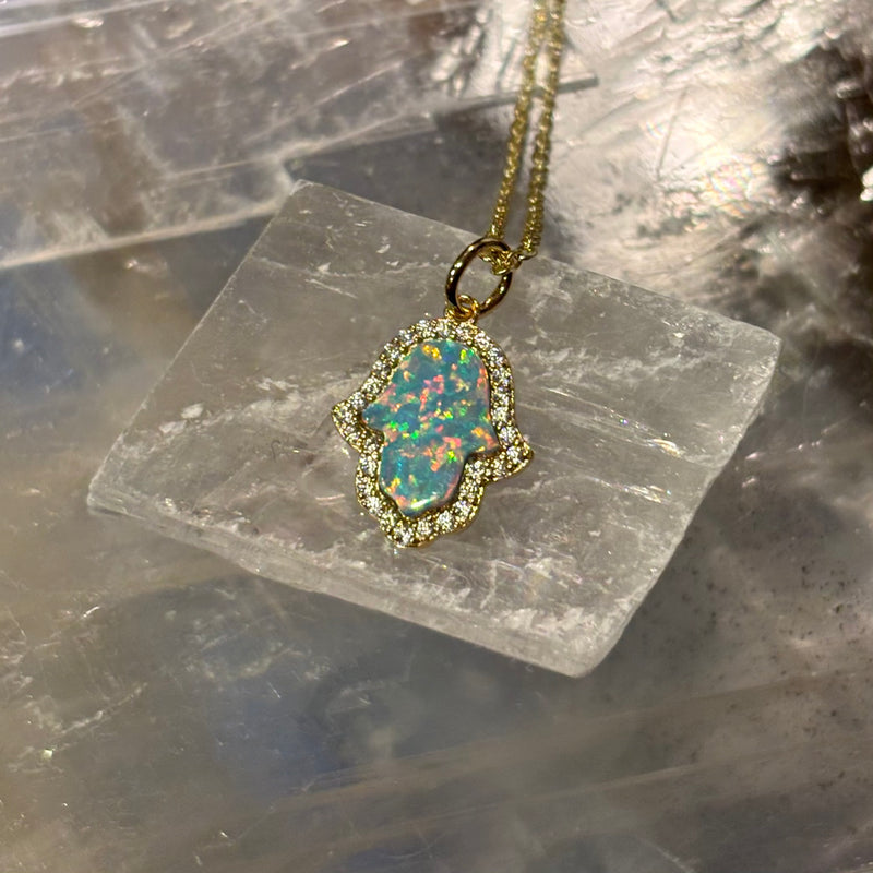 Blue Opal Hamsa Pendant on Gold Vermeil Chain