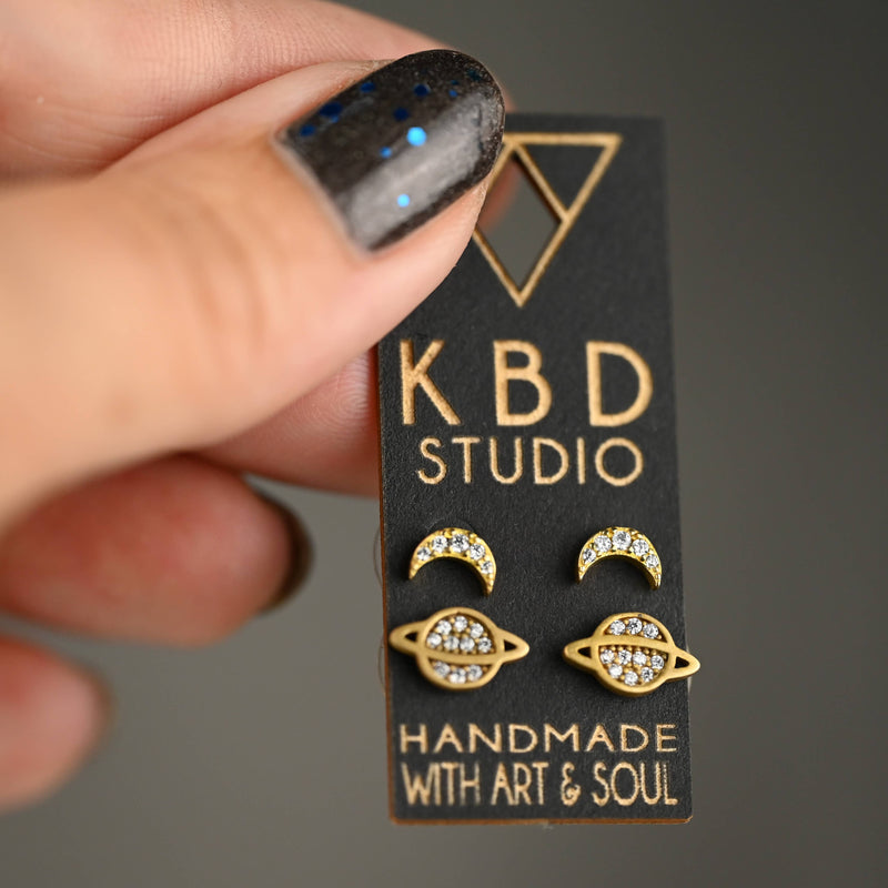 To The Moon & Back Studs with Pave Stones