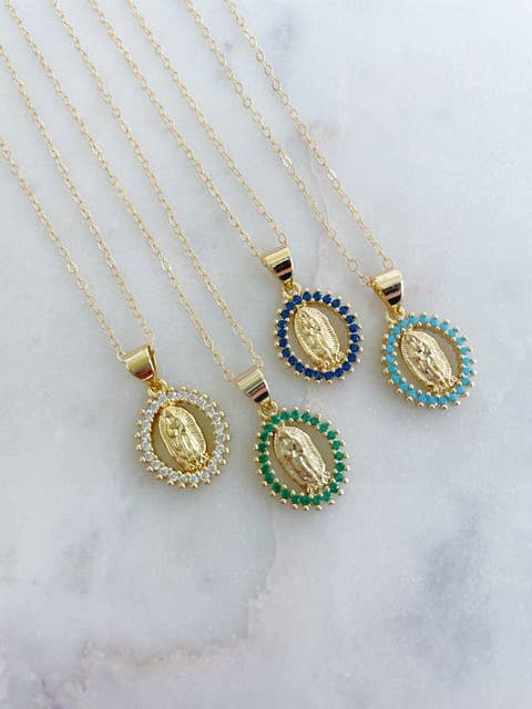 Crystal Virgin Mary Necklace, Religious Jewelry Gift: Hot pink / 18"(most popular)