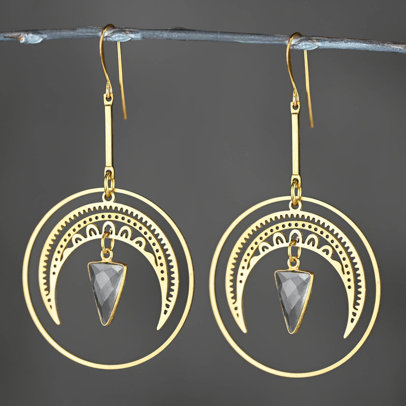 Lace Moon Hoop w/ Triangle Gemstone Triangle Drop Earrings: Prasiolite