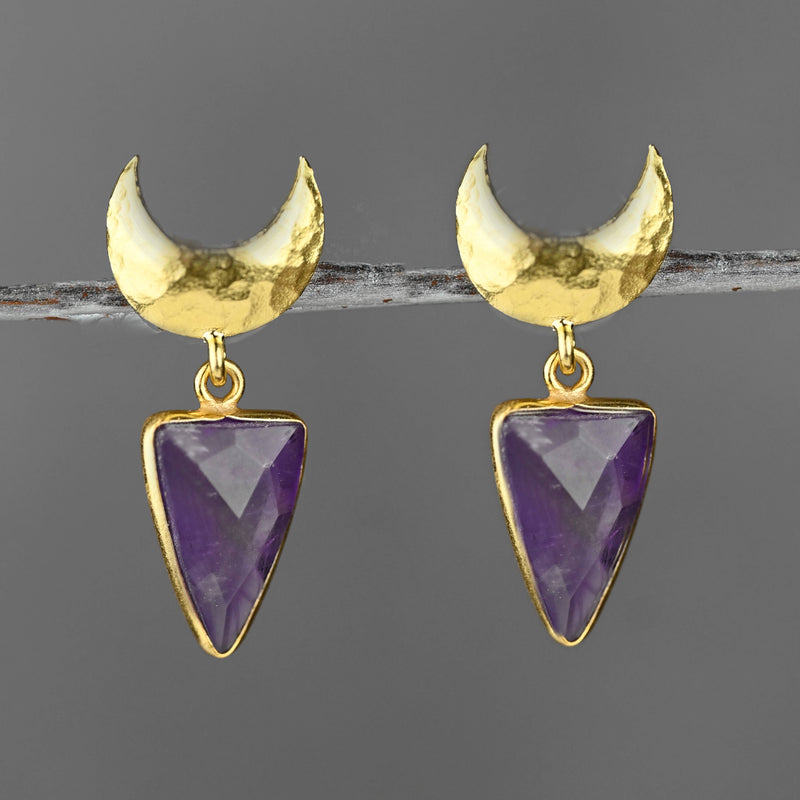 Hammered Crescent Top w/ Semi Precious Triangle Drop Earring: Amethyst