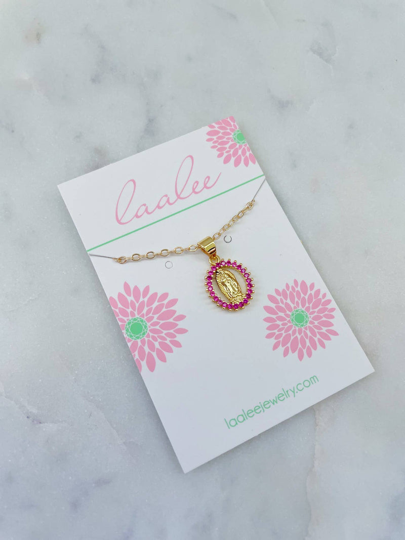 Crystal Virgin Mary Necklace, Religious Jewelry Gift: Hot pink / 18"(most popular)