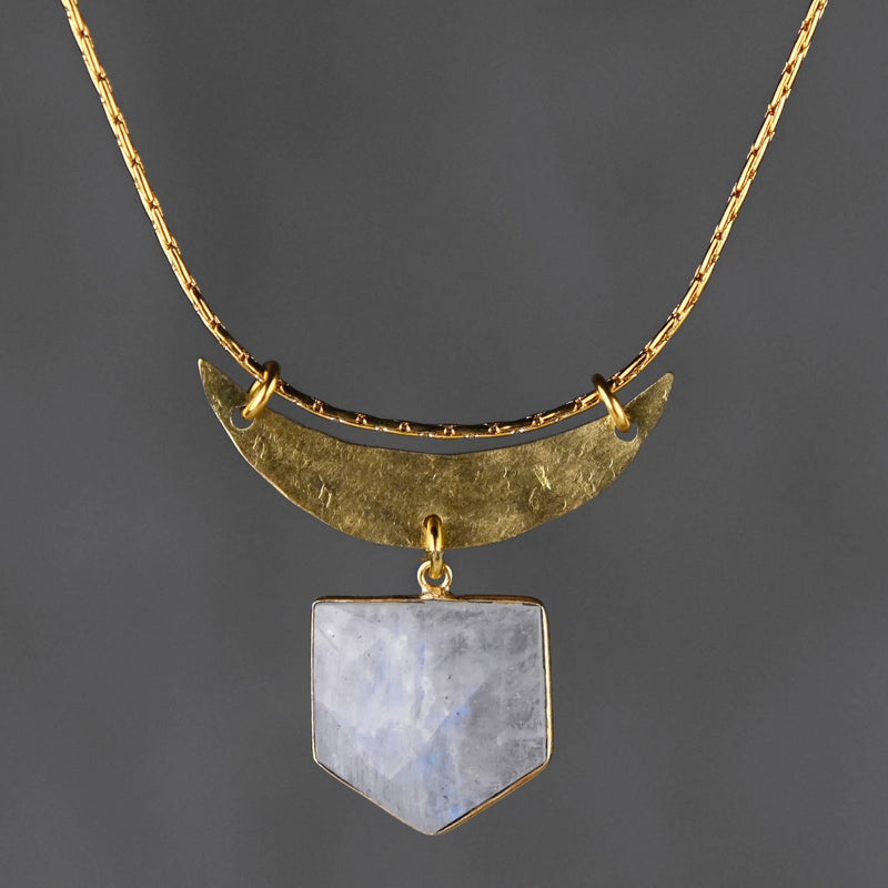 Hammered Moon & Semi Precious Shield Necklace: 19 + Extender / Moonstone