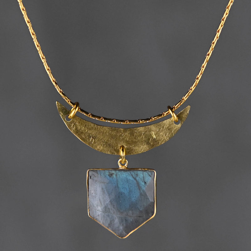 Hammered Moon & Semi Precious Shield Necklace: 19 + Extender / Labradorite