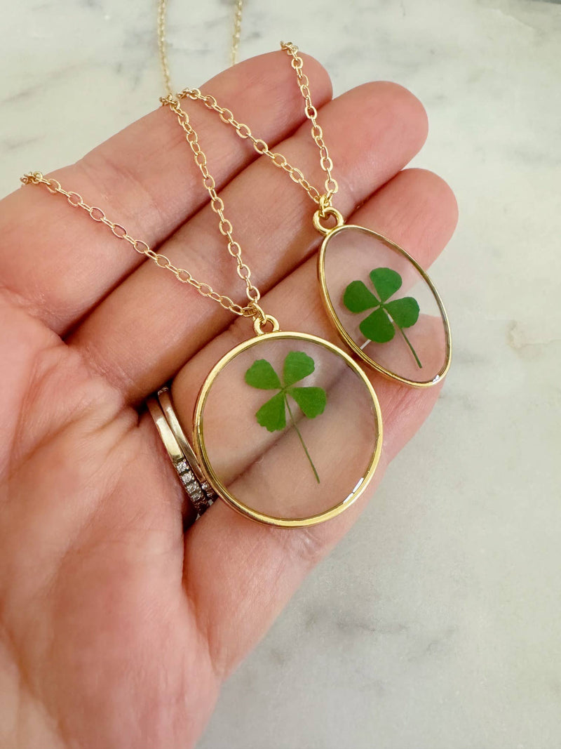 St. Patricks Day Jewelry, Green Four Leaf Clover Necklace: 18"(popular for adults) / Oval