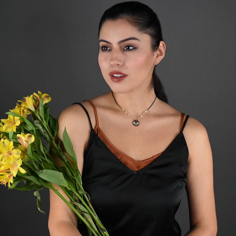 Crystal Encrusted Eye w 8 Aquamarine and Black & Gold Chain : 16 + Extender