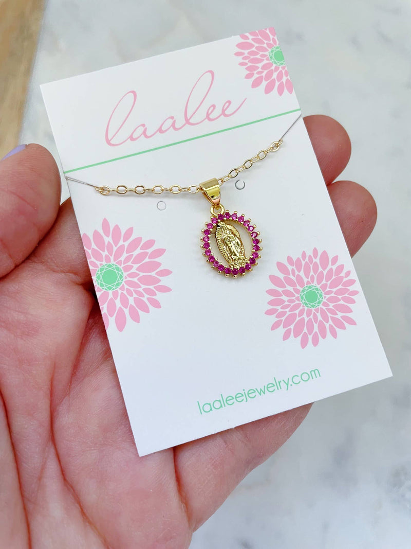 Crystal Virgin Mary Necklace, Religious Jewelry Gift: Hot pink / 18"(most popular)