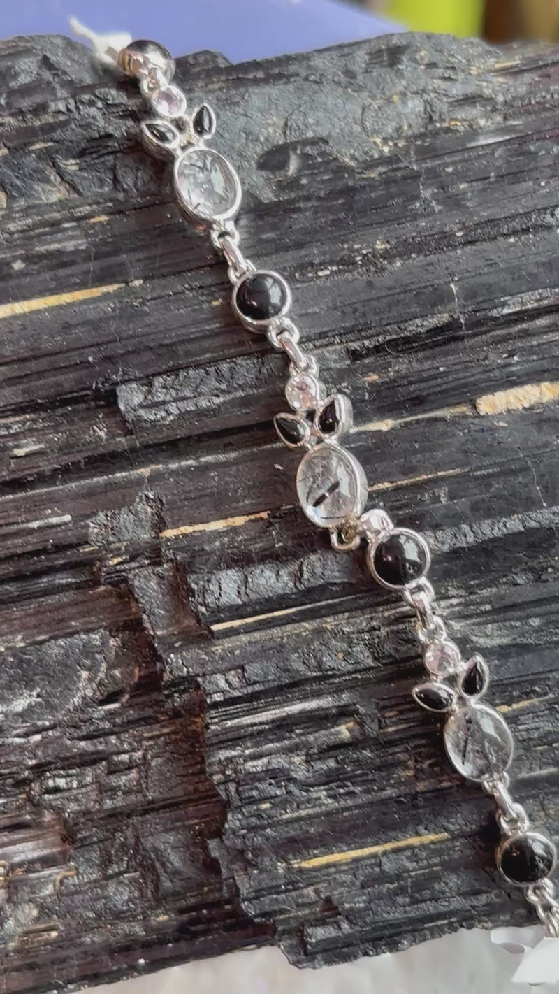 Black Tourmaline and Tourmilated Quartz Sterling Silver Bracelet
