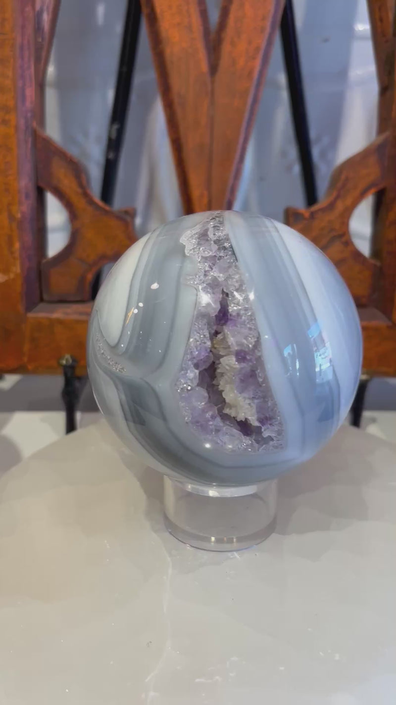 Agate Sphere with Amethyst and Calcite