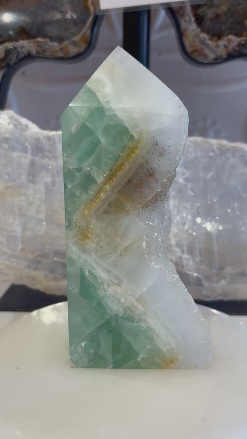 Green Fluorite with Druzy Quartz Tower