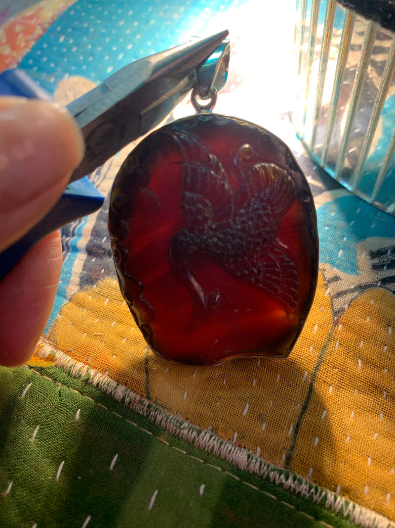 Good Luck Crane Silver Amber Pendant