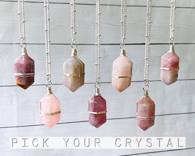 Madagascar Rose Quartz Crystal Point Necklace, Silver Wire Wrapped Jewelry, Natural Raw Crystal Pick Your Crystal