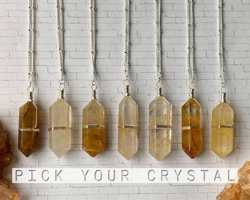 Golden Healer Quartz Silver Crystal Point Necklace, Wire Wrapped Jewelry, Raw Crystal, Brazilian Yellow Gold Lemon Quartz Pick Your Crystal