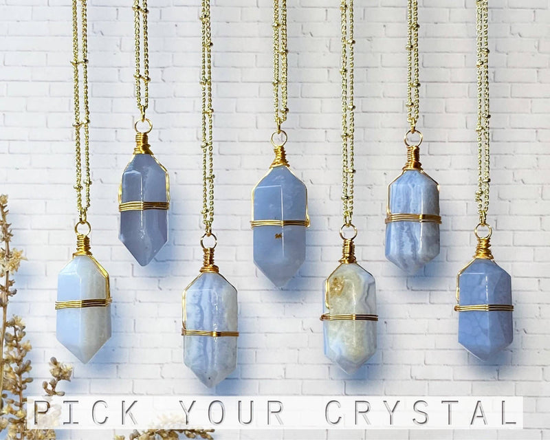 Blue Lace Agate Crystal Point Necklace, Gold Wire Wrapped, Boho Witchy Jewelry Pick Your Crystal