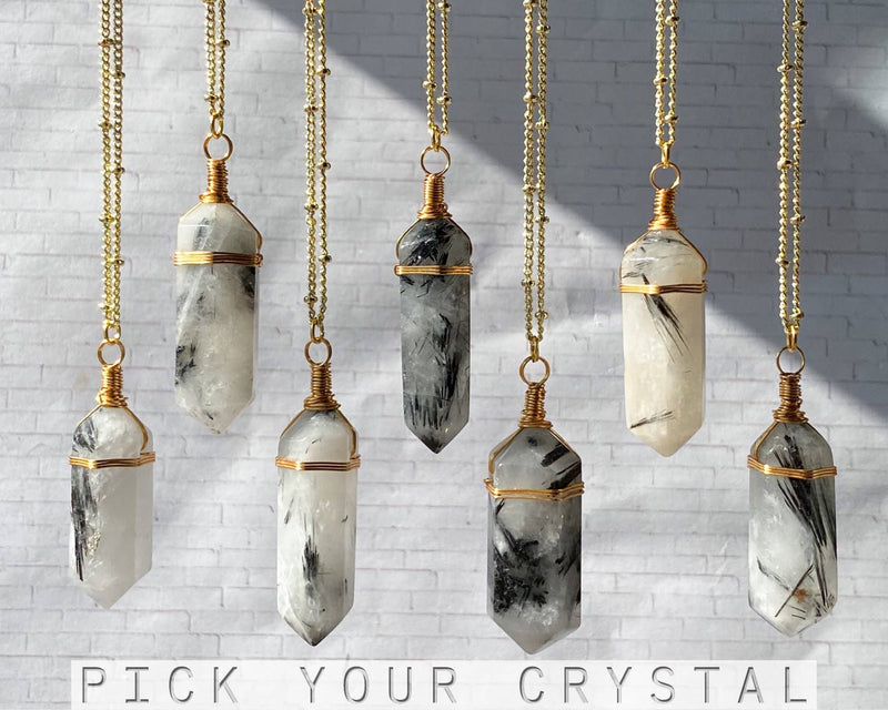 Black Tourmalinated Rutile Quartz Gold Crystal Point Necklace, Wire Wrapped Jewelry, Pick Your Crystal