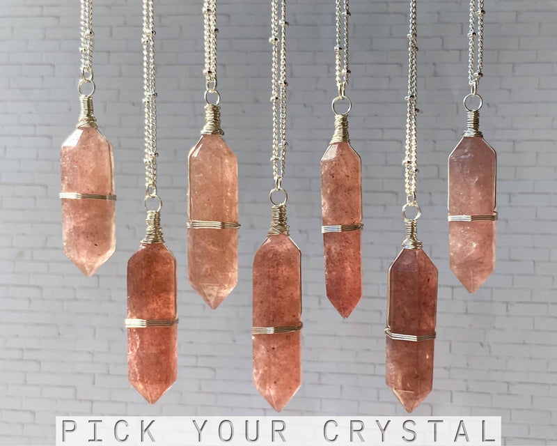 Strawberry Quartz Crystal Point Necklace, Silver Wire Wrapped Jewelry, Raw Crystal, Pink Boho Witchy Pick Your Crystal