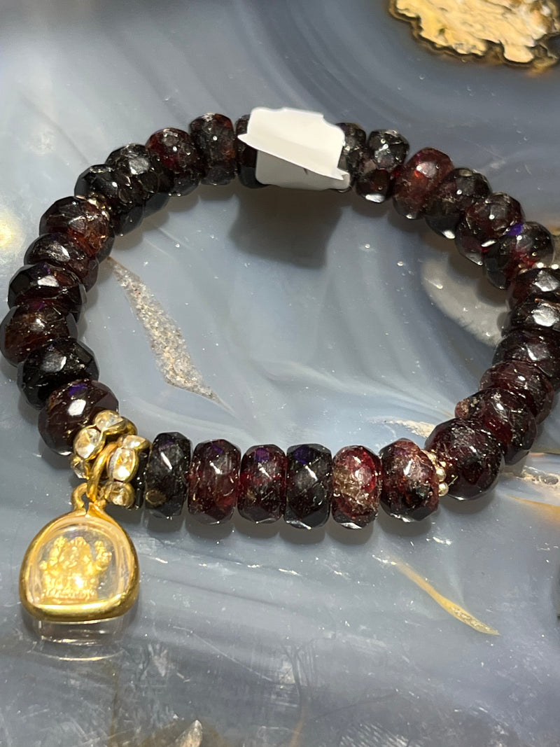 Garnet Bracelet with Gold Ganesh