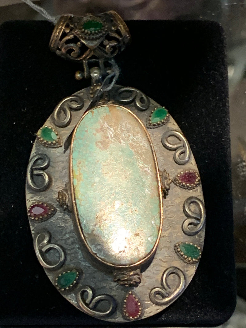 Turquoise Pendant with Ruby and Emerald Accents